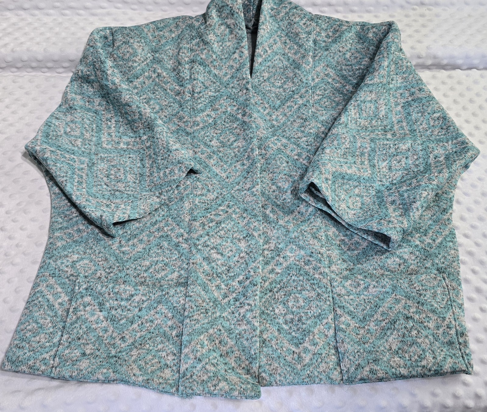 Vintage Handmade Bed Jacket Blazer Cardigan Large XL 3/4 Sleeves Heavy Aqua Gray