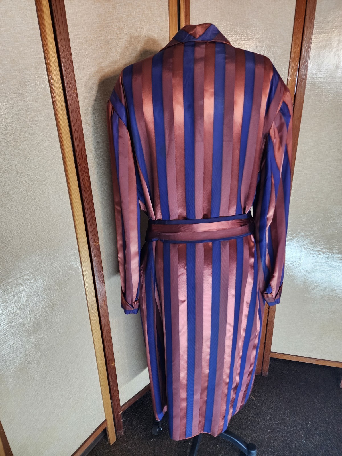 Royal Lounger Smoking Jacket 40s Maroon Blue Stripes Satiny Dressing Gown Deco