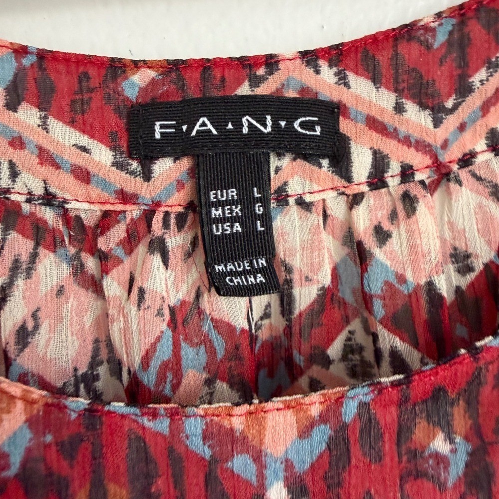 Vintage Y2K FANG Red Geometric Tribal Print Flutter Sleeve Peplum Chiffon To L
