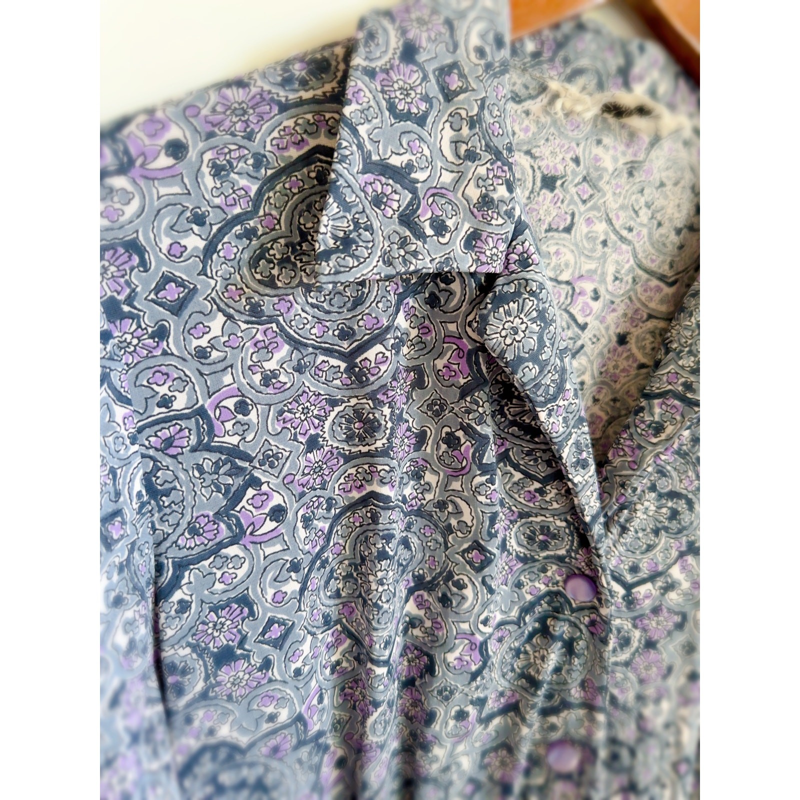 Vintage 70s Womens Dress Graphic Print Size M Gray Purple Day Dress Retro