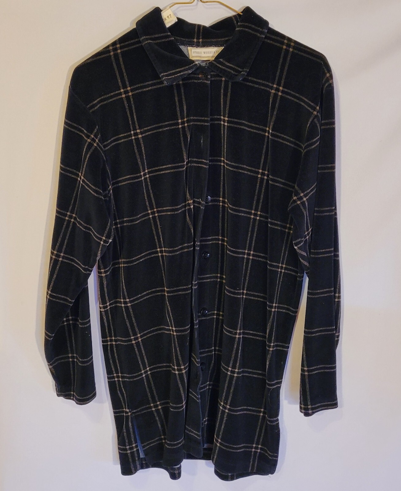Vintage 90s Dress, Black and Yellow Plaid Shirt Blouse, Studio Works brand, Sz M