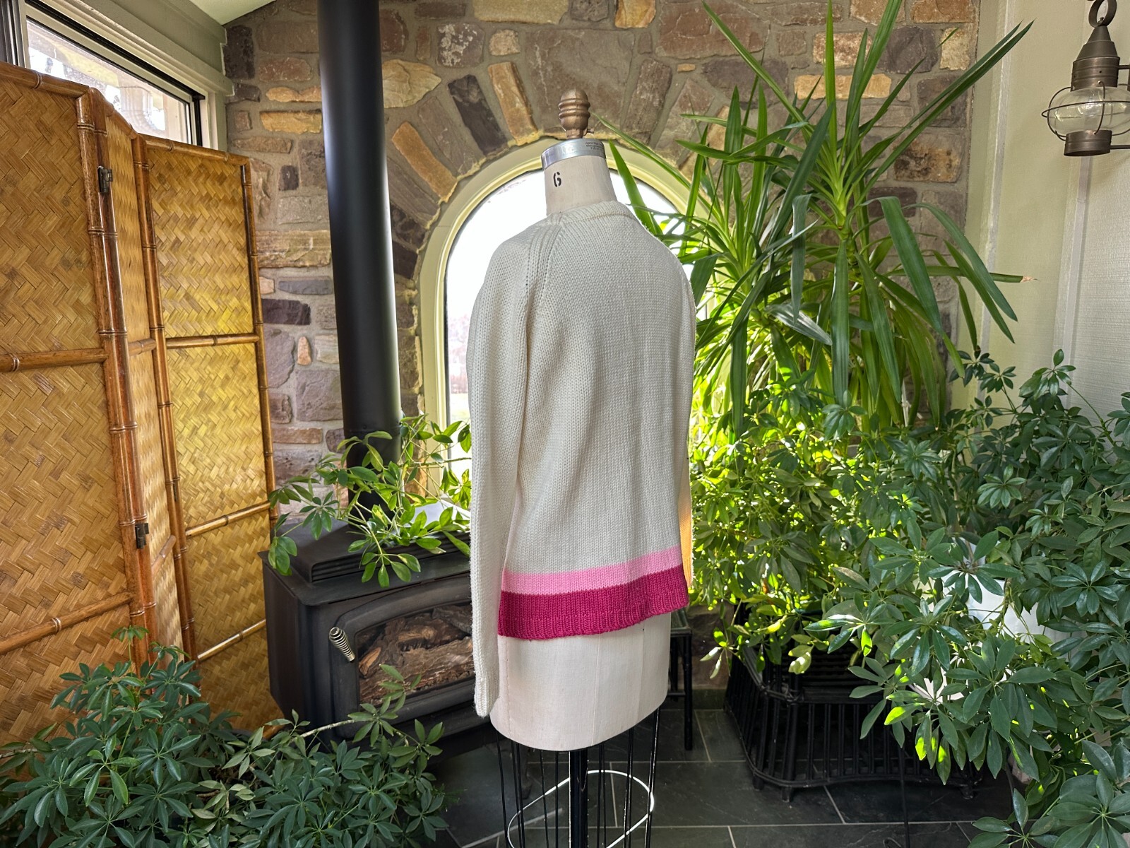 Vintage 1970s Ivory and Pink Embroidered Wool Crewneck Sweater