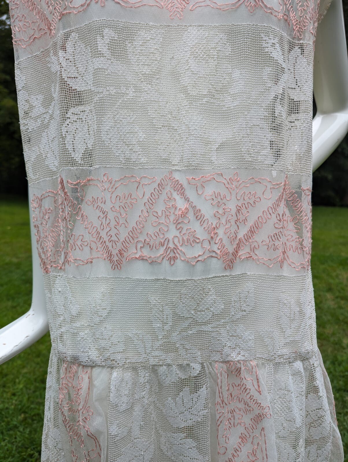 FLAPPER 1920’S SOFTEST NET DRESS W FLORAL LACE + HAND EMBROIDERY