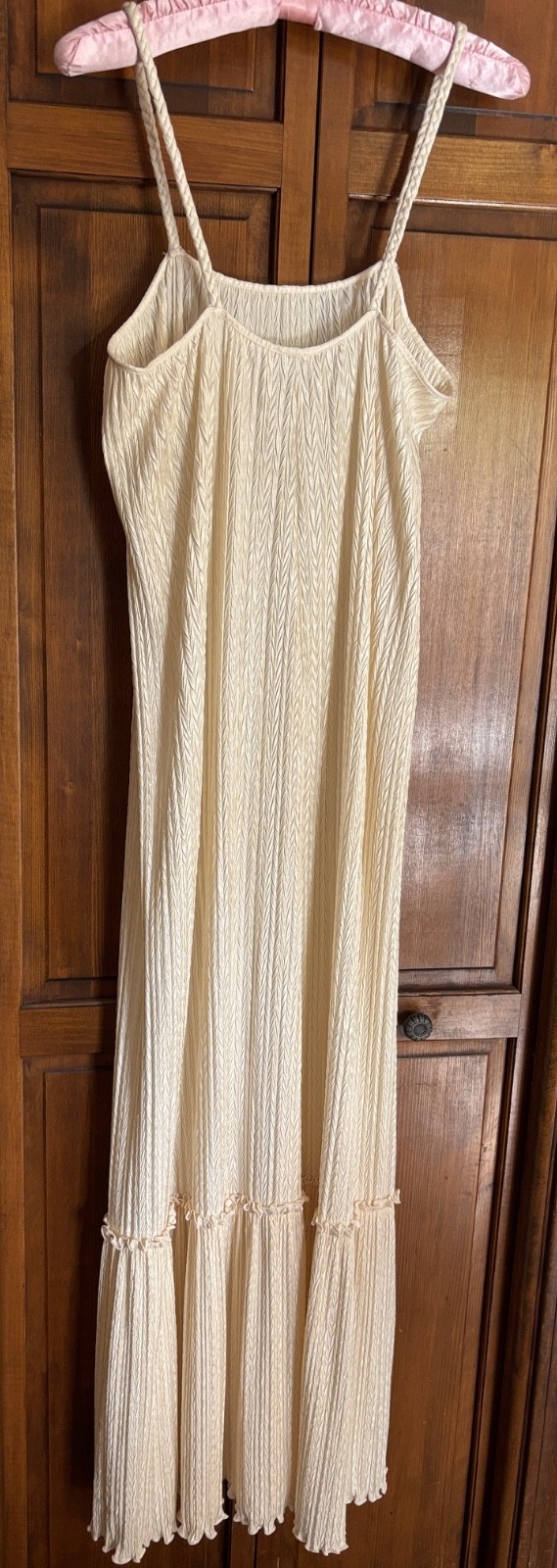 VTG Mary McFadden Collection 1970 Ivory Plisse Braided Strap Evening Gown Dress