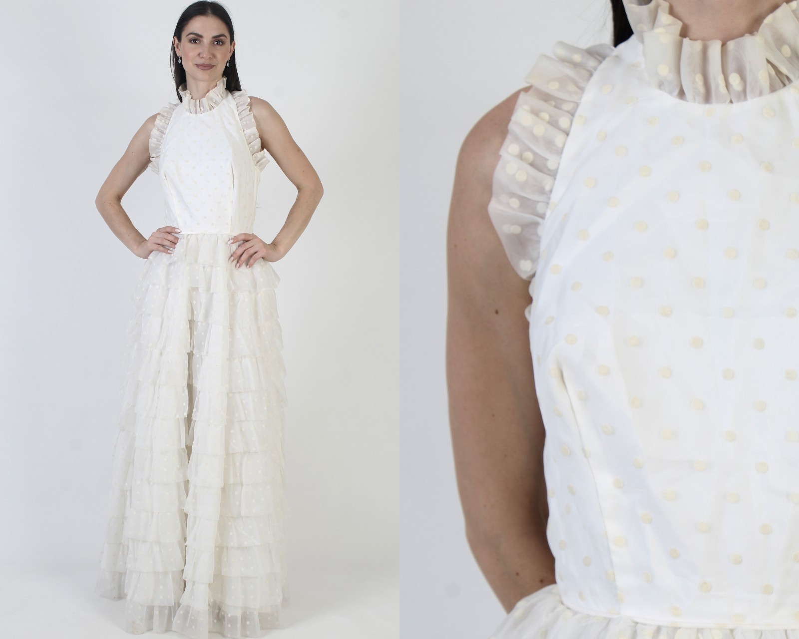 Vtg Nadine White Swiss Polka Dot Dress Victorian Open Back Halter Bridal Wedding