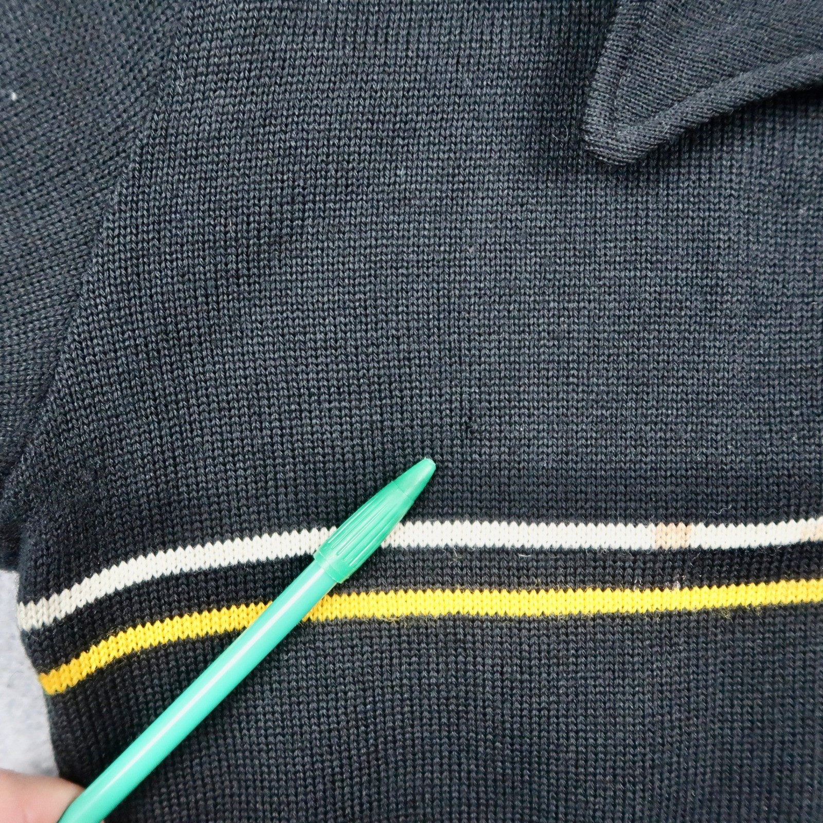 Vintage 70s Lasley Knitting Co Wool Full Zip S Sweater Black Yellow Stripe Talon