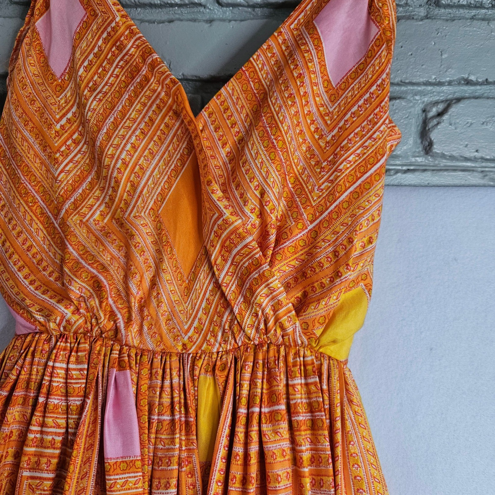 Vtg Anne Fogarty Silk Saks Fifth Avenue Orange Geometric Fit Flare Dress 50s 60s