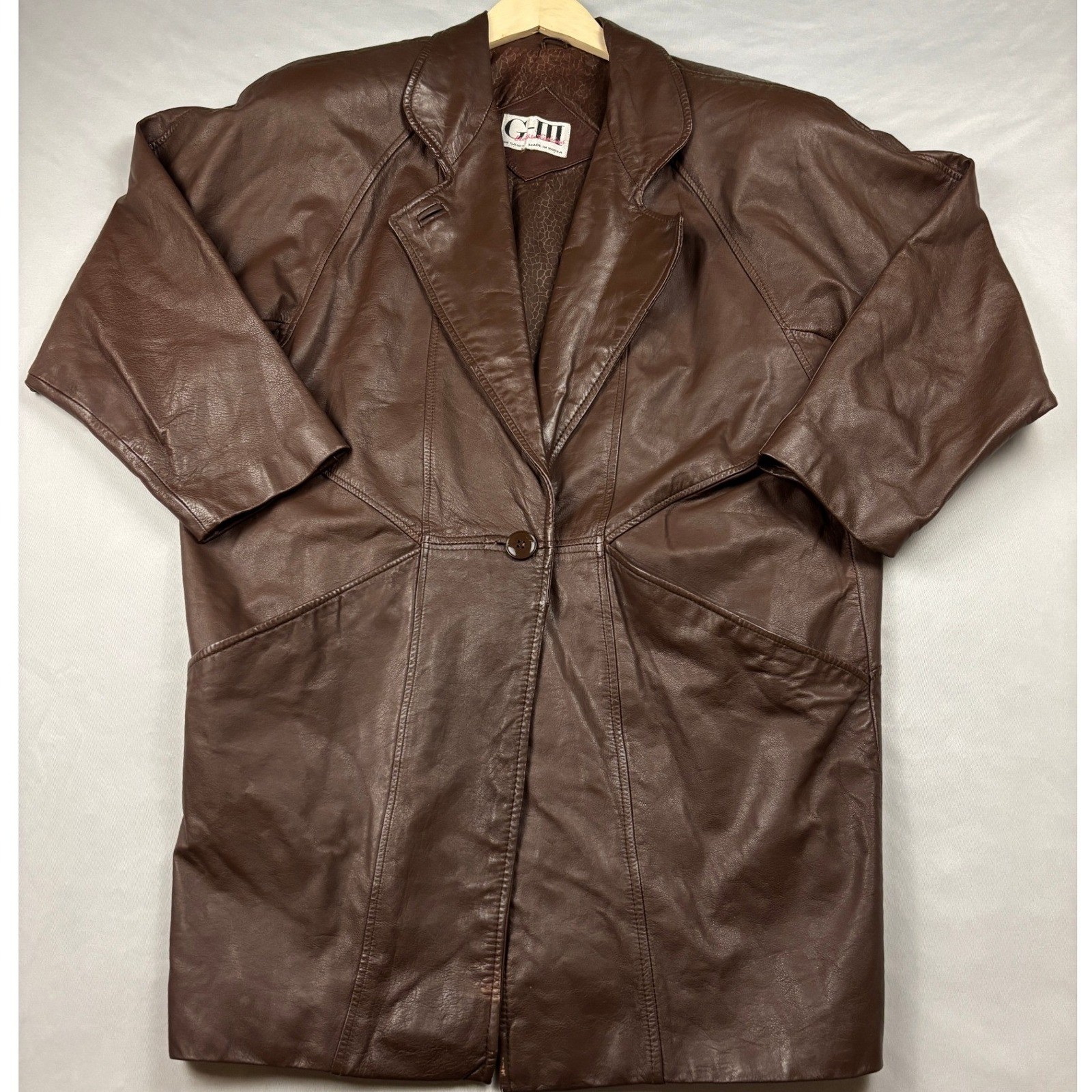 G-III Leather Fashions Brown Genuine Leather Vintage Coat Jacket Mid-Length 80s