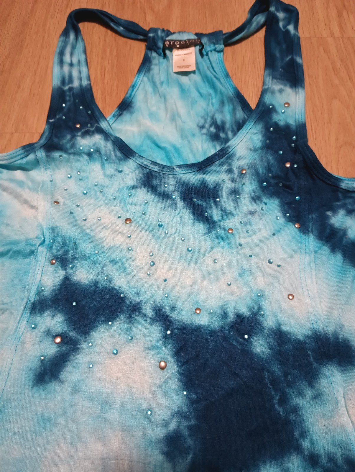 Vtg Y2K Teal Tie Dye Asymmetric Racerback Tunic Top swim coverup summer S