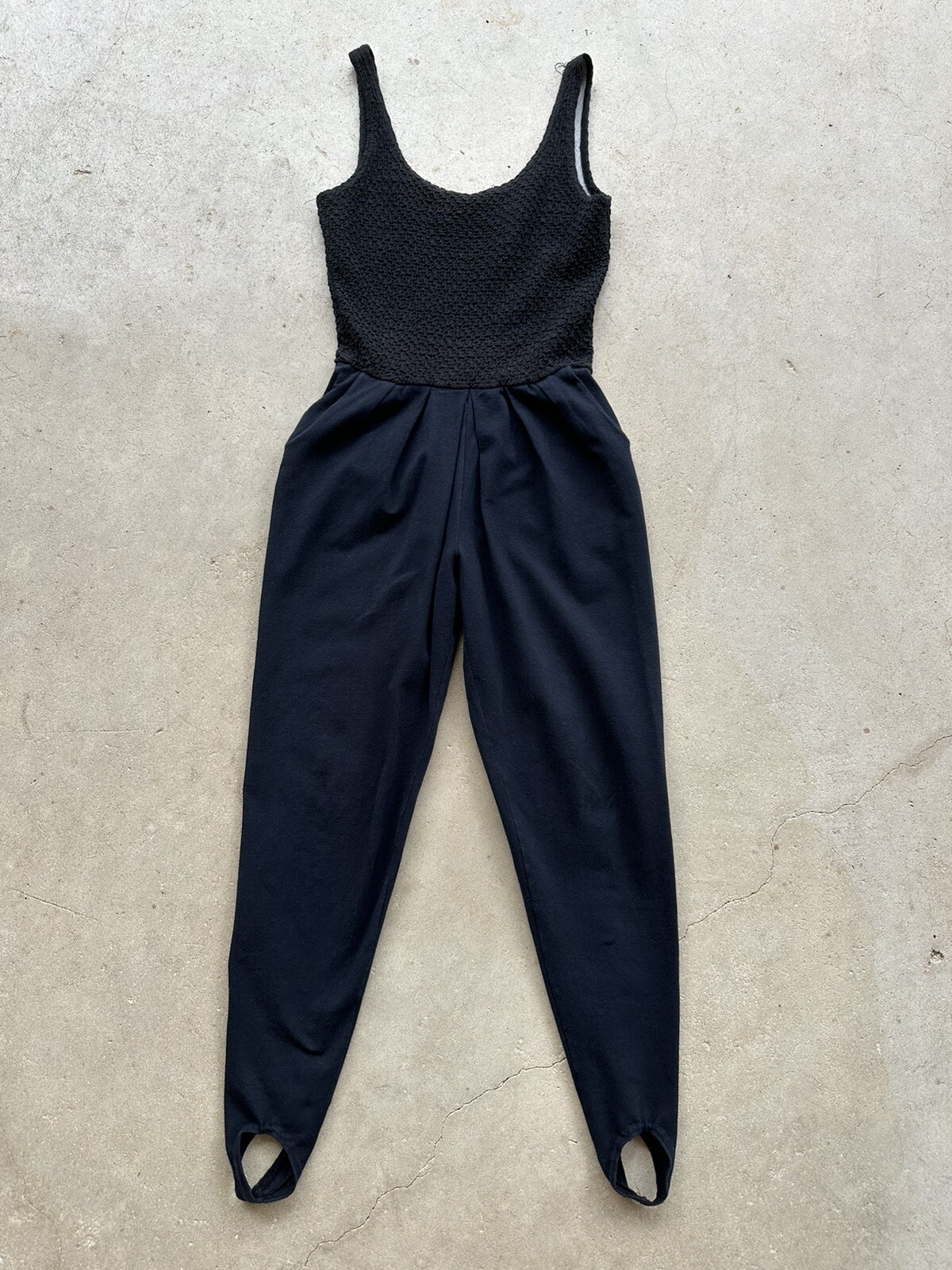 1990s Bettina Riedel NY Stirrup Pant Jumpsuit Romper Pleated Black Catsuit S VTG