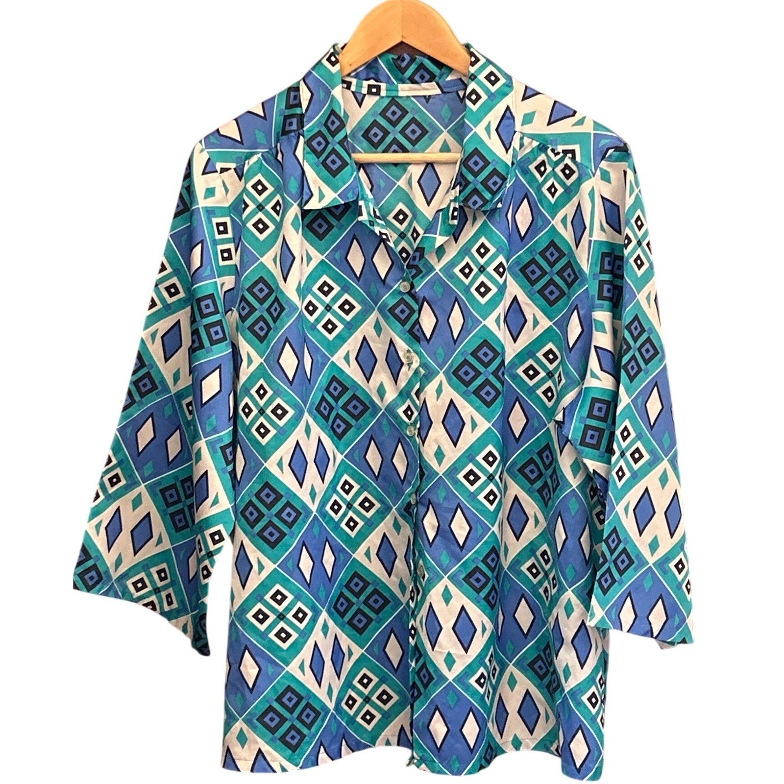 Vintage Blue Green Geometric Blouse Mod Retro Coastal Memphis Summer Resortcore