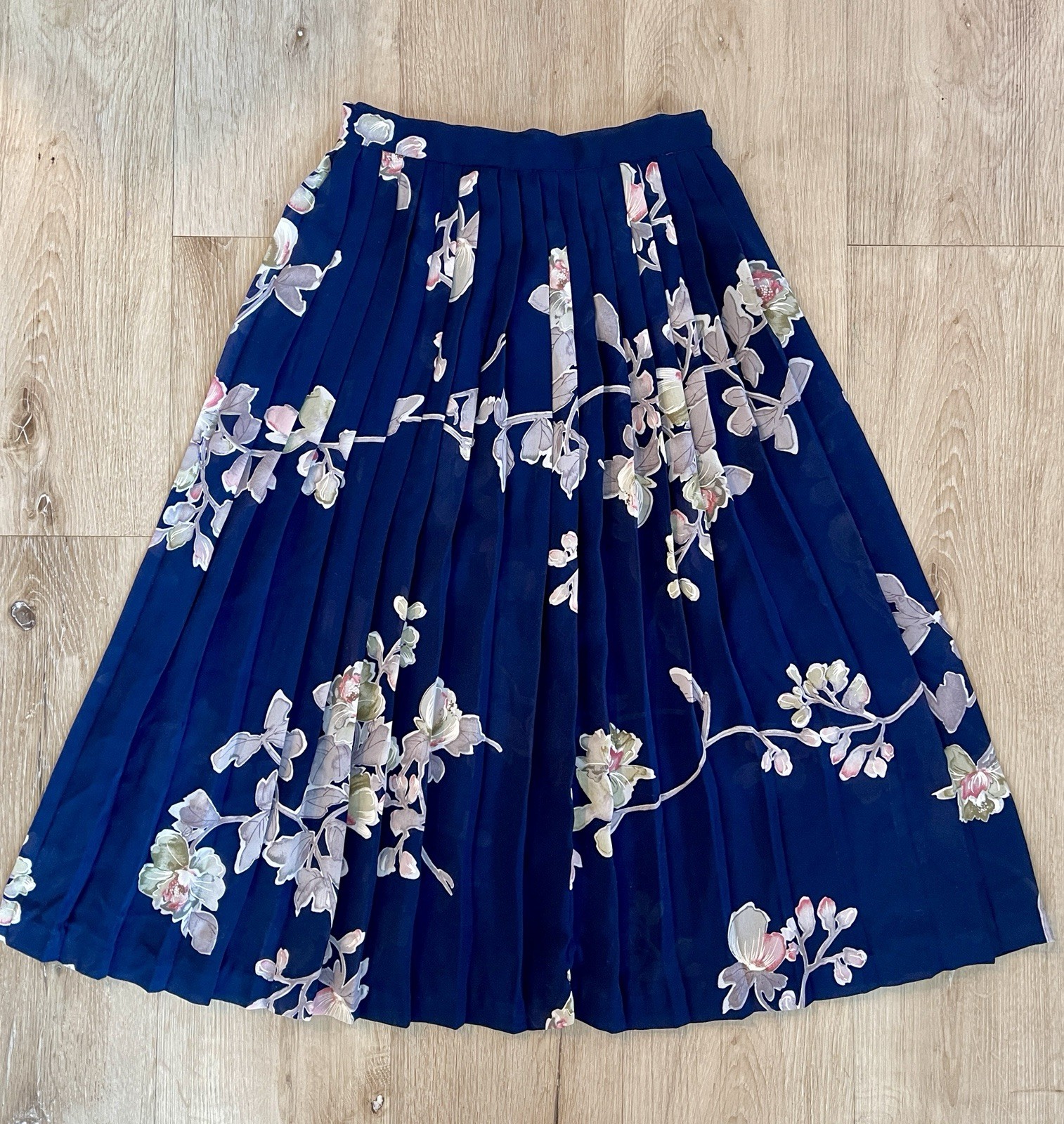 Vtg 70s Patty Woodard California Navy Floral Pleated Midi Skirt XXS 23-24″ Waist