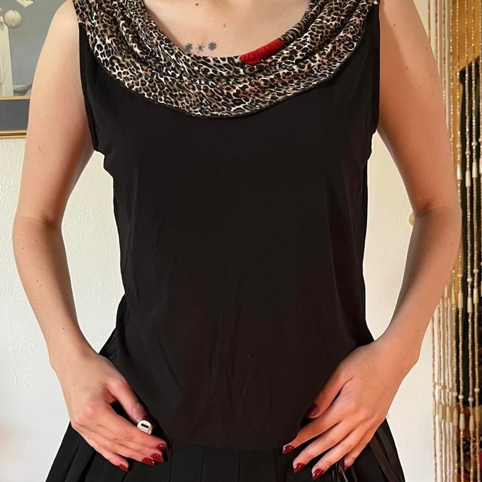 Vintage 90s Black Tank Leopard Cowl Neck Size L New York City Design Co Mob Wife