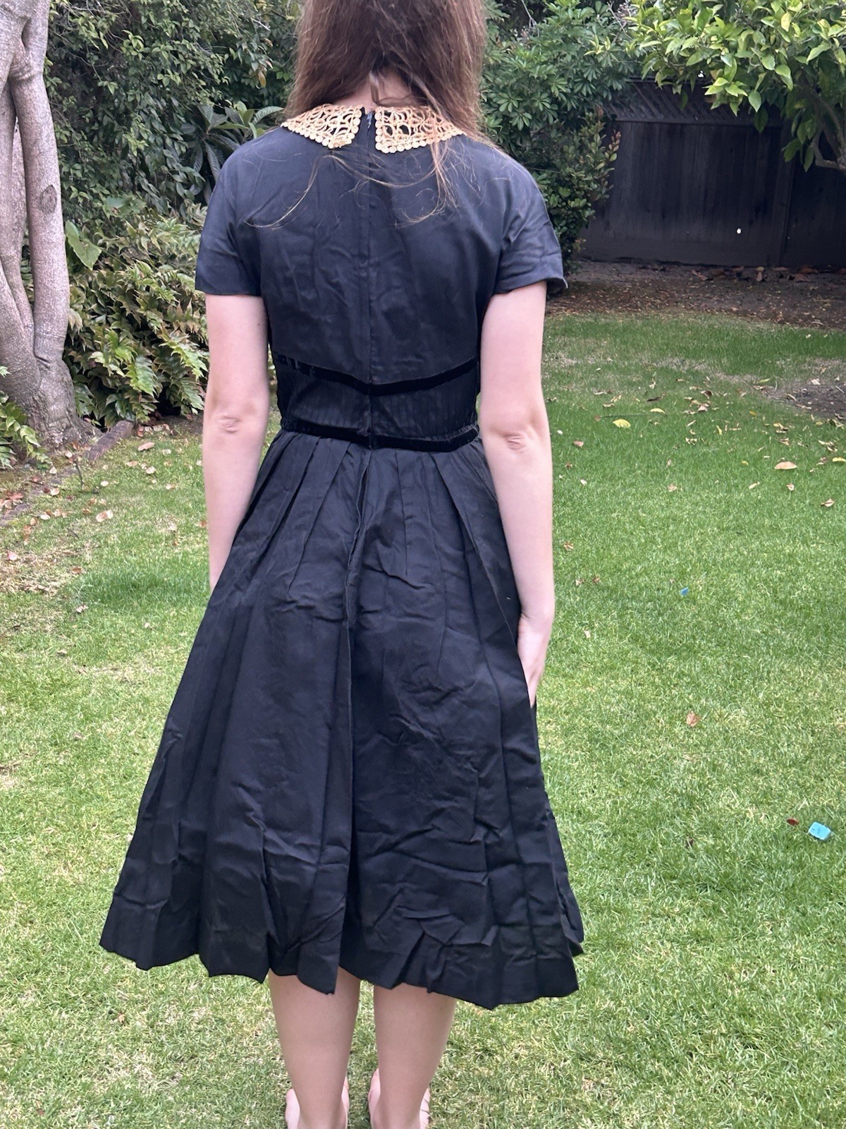 True Vintage 50s S Maggi Stover Peter Pan Lace Collar Dress Pleated Black