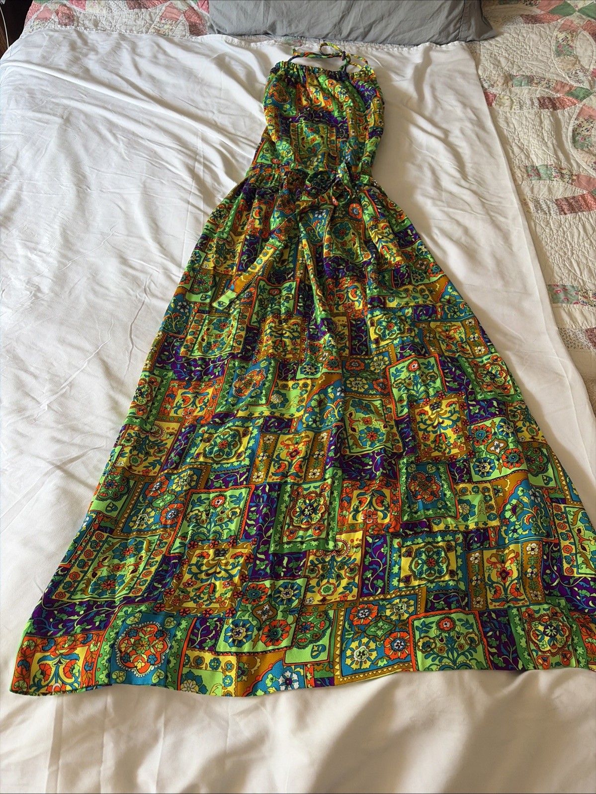 Vintage 70s 60s Wrap Groovy Colorful BeachMates Sz Small Maxi Halter Sundress