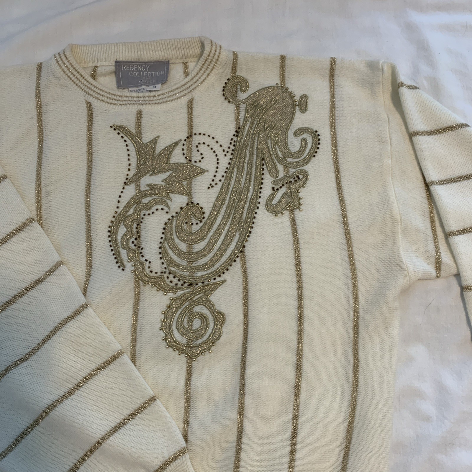 Regency Collection Christmas Vintage Beaded Sparkle Gold Shimmer Knit Sweater M