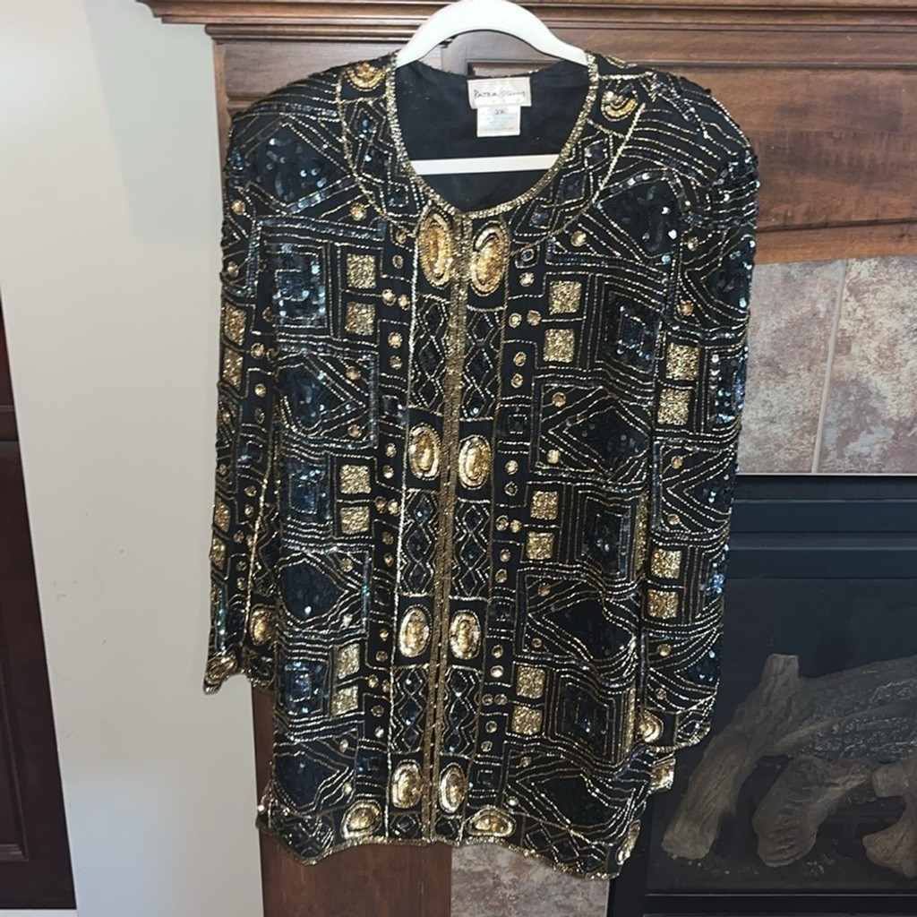 Vintage black and gold geometric beaded fancy silk formal evening jacket 1X