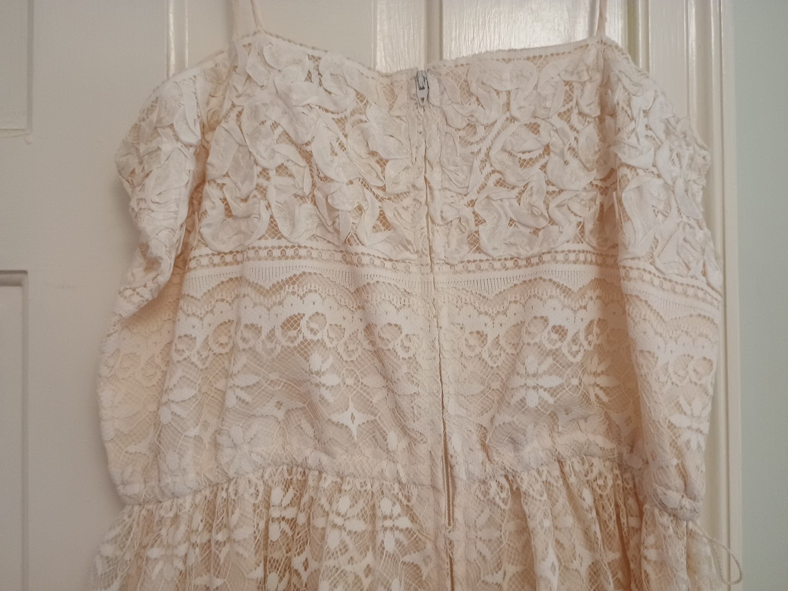 Vtg FAB 60s Themes Cream Lace Ribbon Dress & Jacket 2 pc set Party Wedding XS