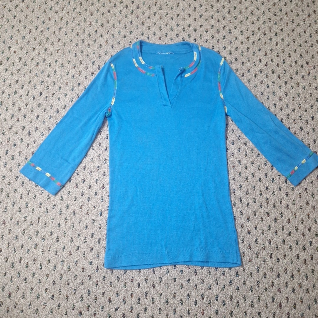 Vtg 70’s Boho Split V-Neck 3/4 Sleeve Womens Top M