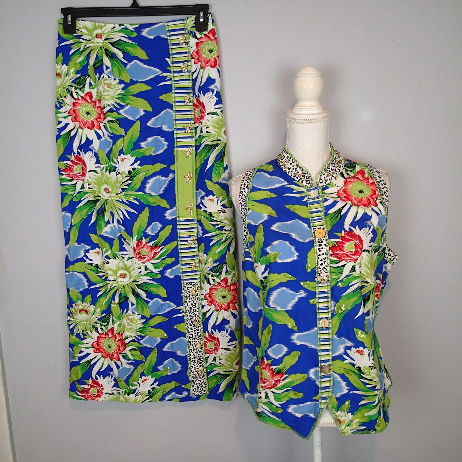 FAITH by Celia Forrester Set S Top Skirt Tropical Floral Shirt hawaian blue