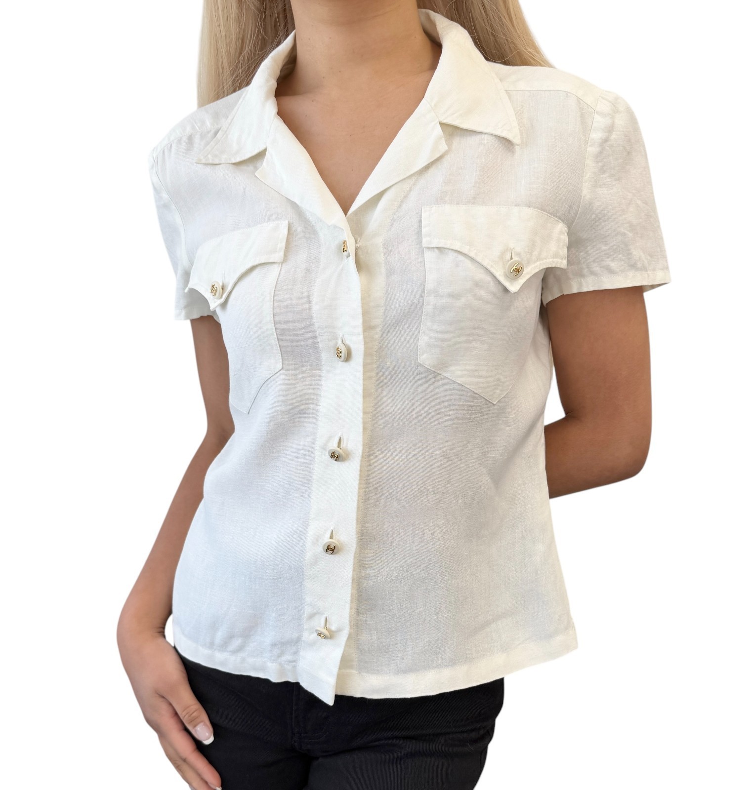 CHANEL Vintage 97P CC Logo Button Linen Shirt Top #40 Short Sleeve White Gold