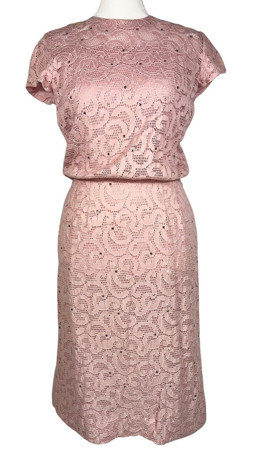 VTG 1950s PAUL SACHS RHINESTONE PINK LACE COCKTAIL WIGGLE DRESS ROCKABILLY GLAM