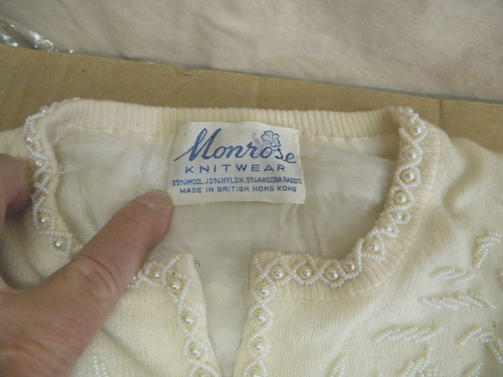 Vintage 1960s Monrose Sportswear Ivory Wool Angora Beaded Top Blouse