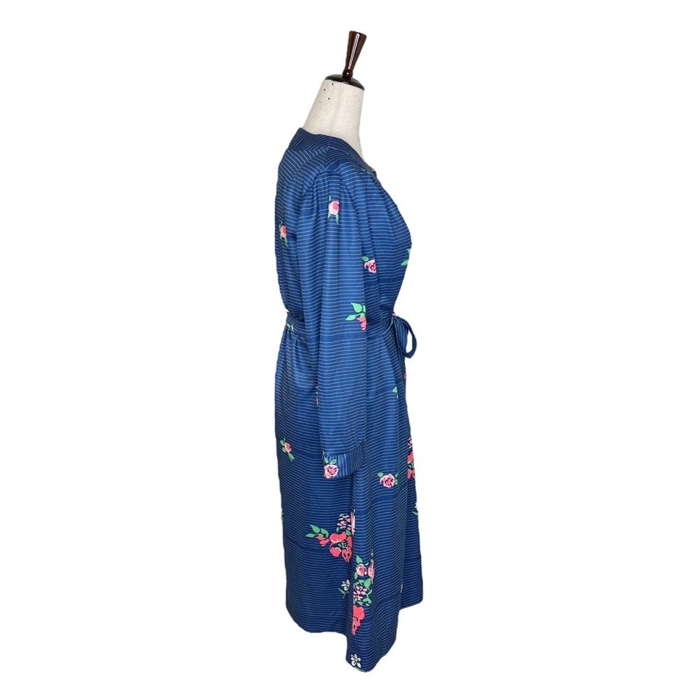 Vintage 70s Floral Striped Retro Belted Button Through Dress
