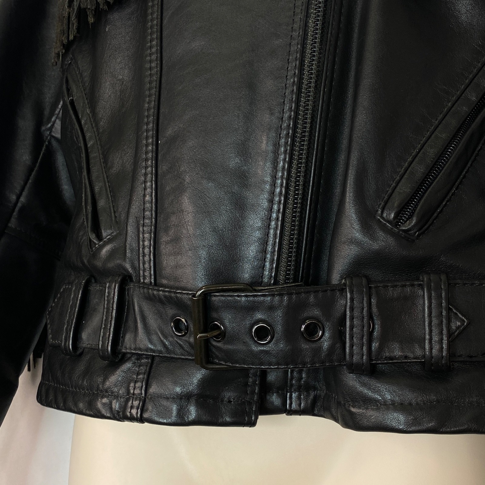 Vintage black leather fringe jacket women’s S M moto rocker biker TAURUS