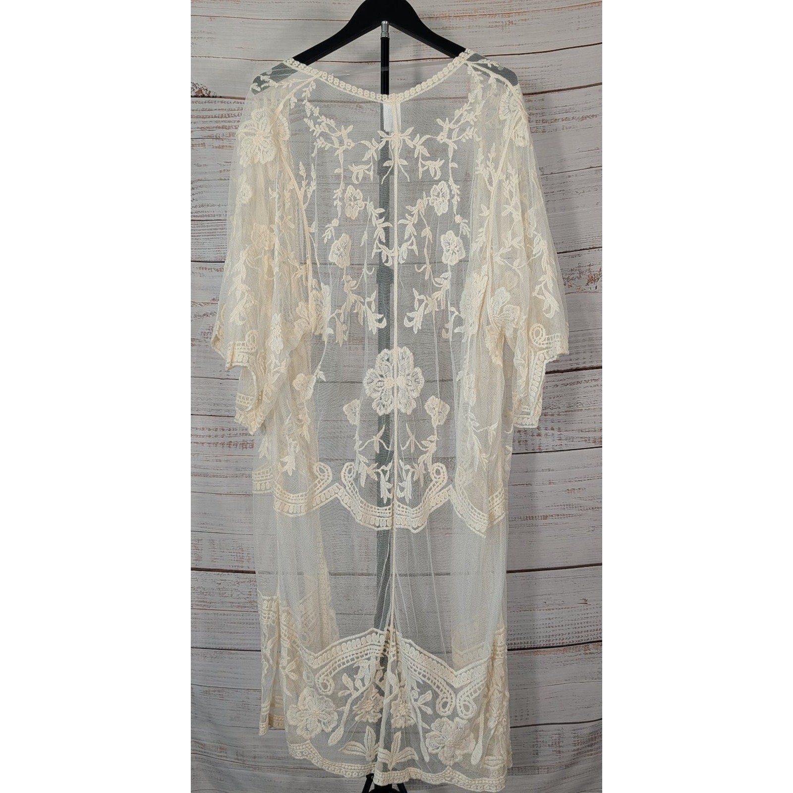 Cream Floral Lace Kimono Cardigan L-XL Embroidered Sheer Boho