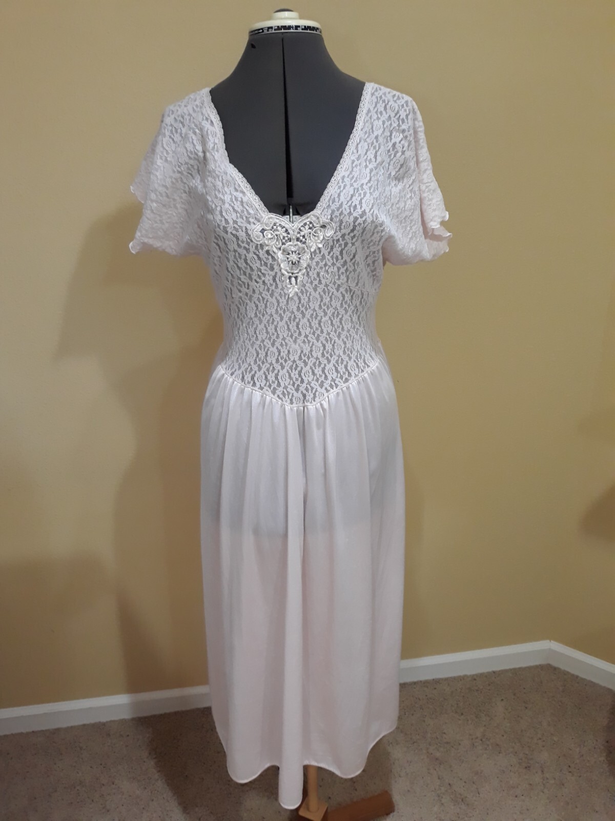 Vtg 80s Cinema Etoile Pink Maxi Nightgown Sexy Lace & Satin L Hollywood Glamour