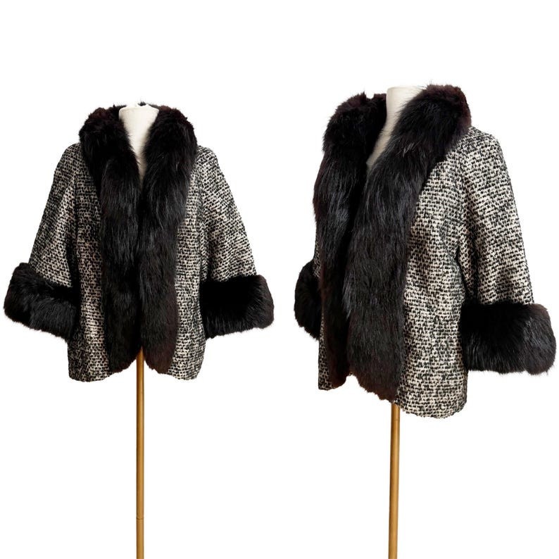 1960s Tweed Jacket / Fox Fur Jacket / Size Medium – Large