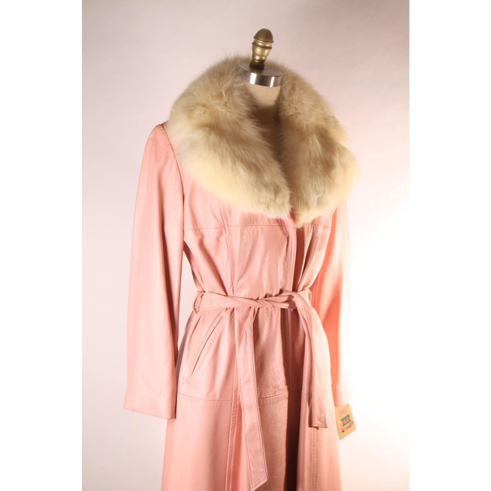 1970s Pink Leather Cream Fox Fur Trench Coat by New England Sportswear Company
