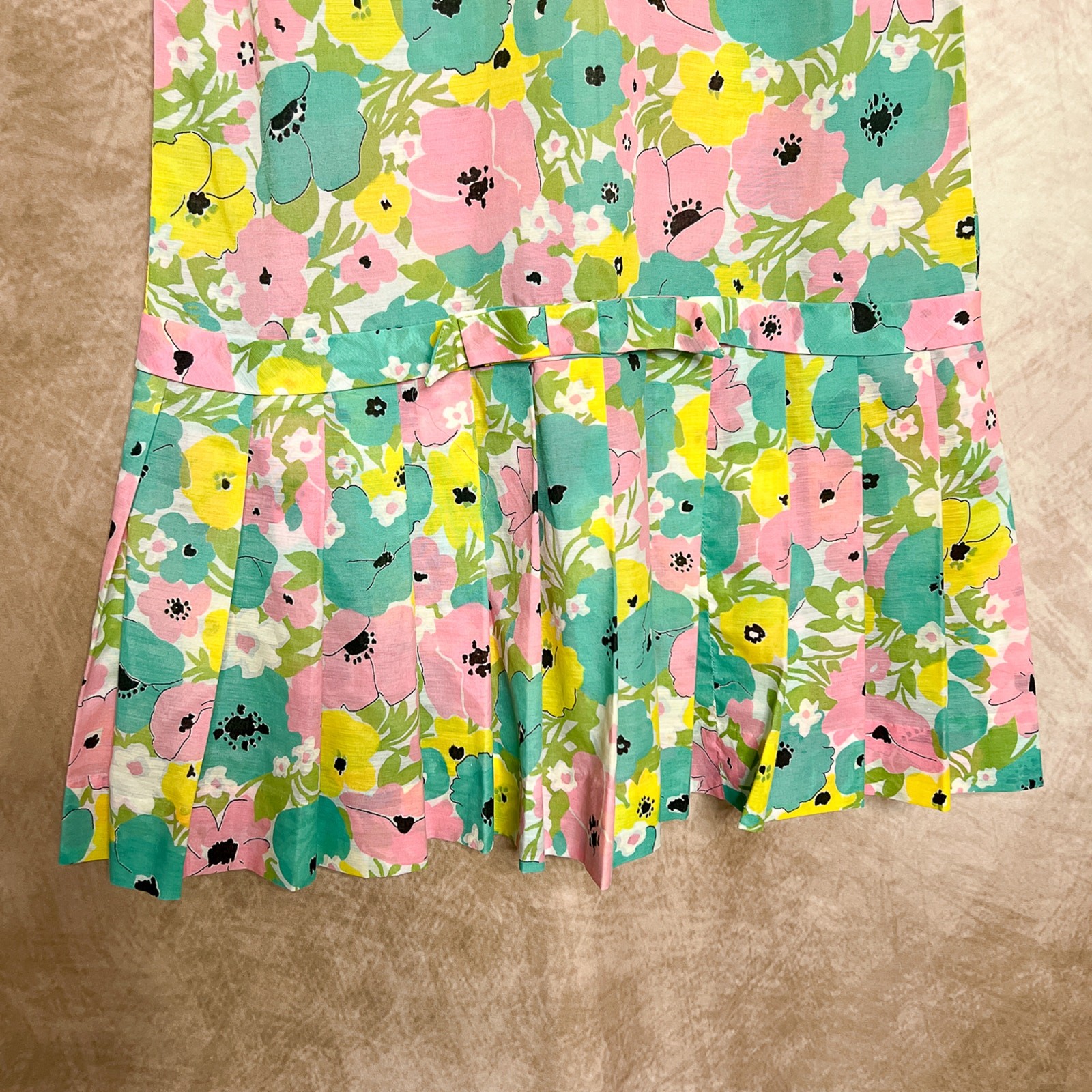 Vintage 60s Vicky Vaughn Junior Multicolor Floral Pleated Drop Waist Midi Dress