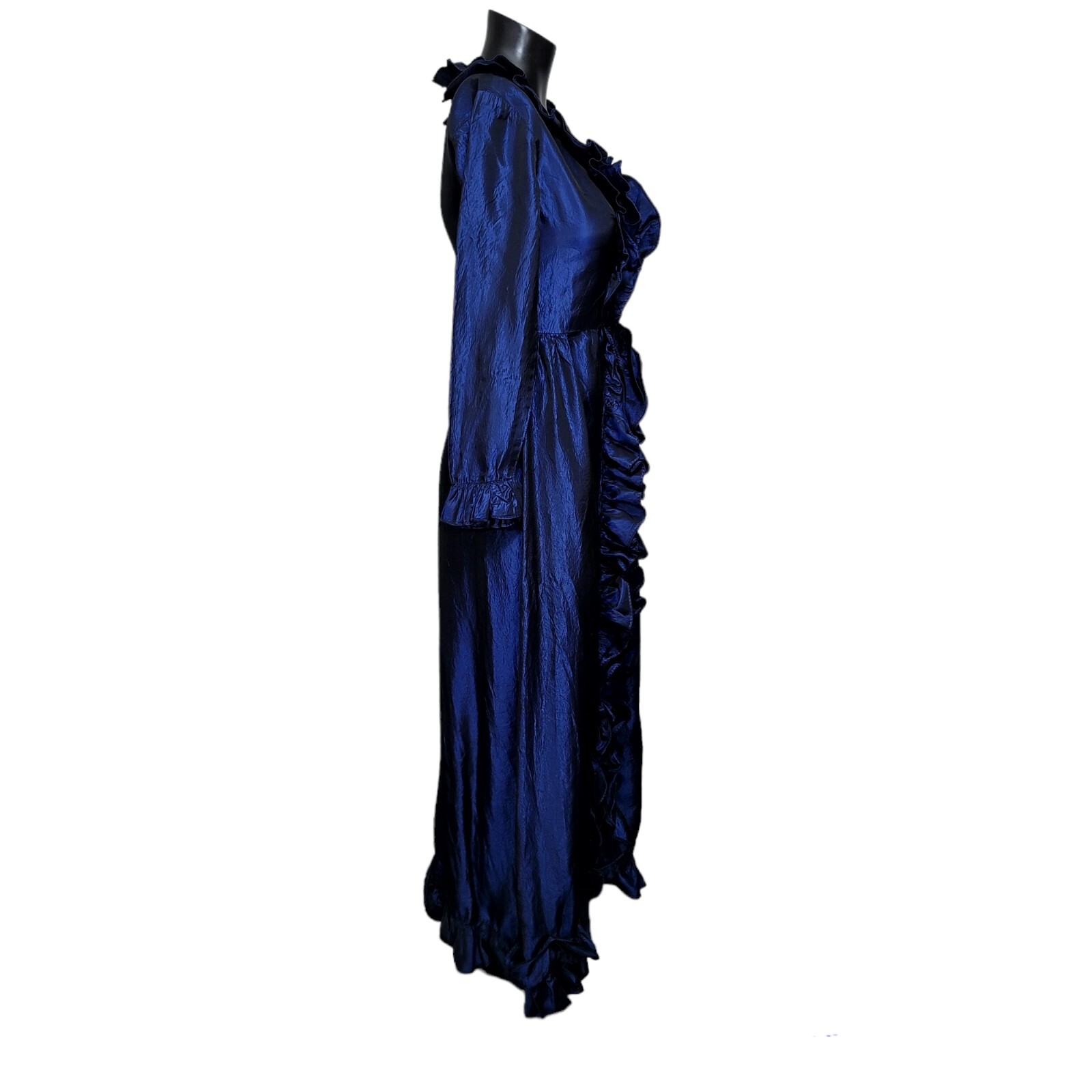Vintage 70s Dan Leslie Womens S Midnight Blue Crushed Taffeta Ruffles Maxi Gown