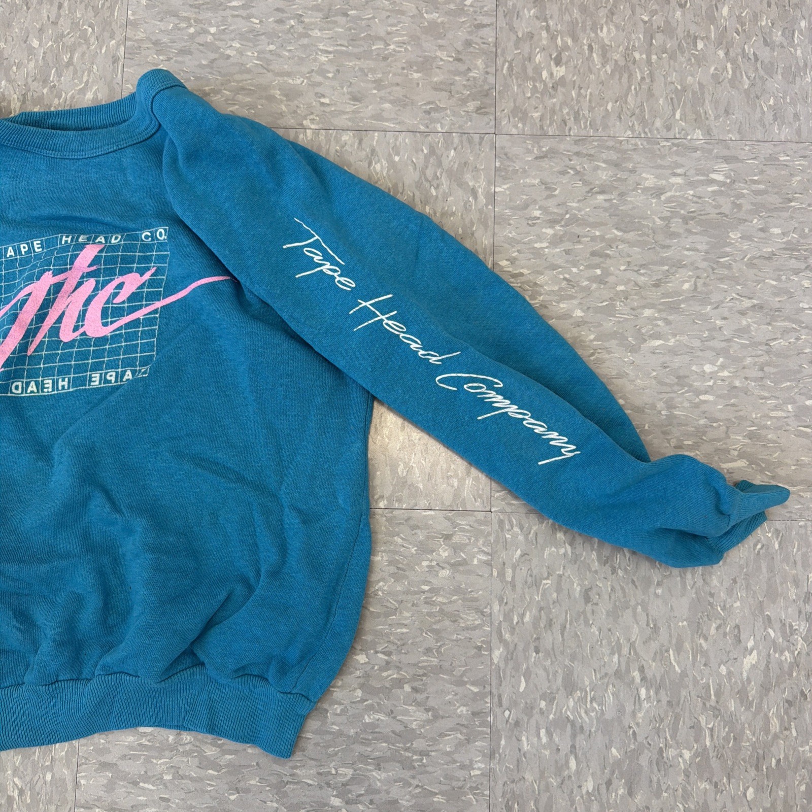 Vintage USA 1980s Teal Crewneck Sweater Crop Top Size L THC Tape Head Co.