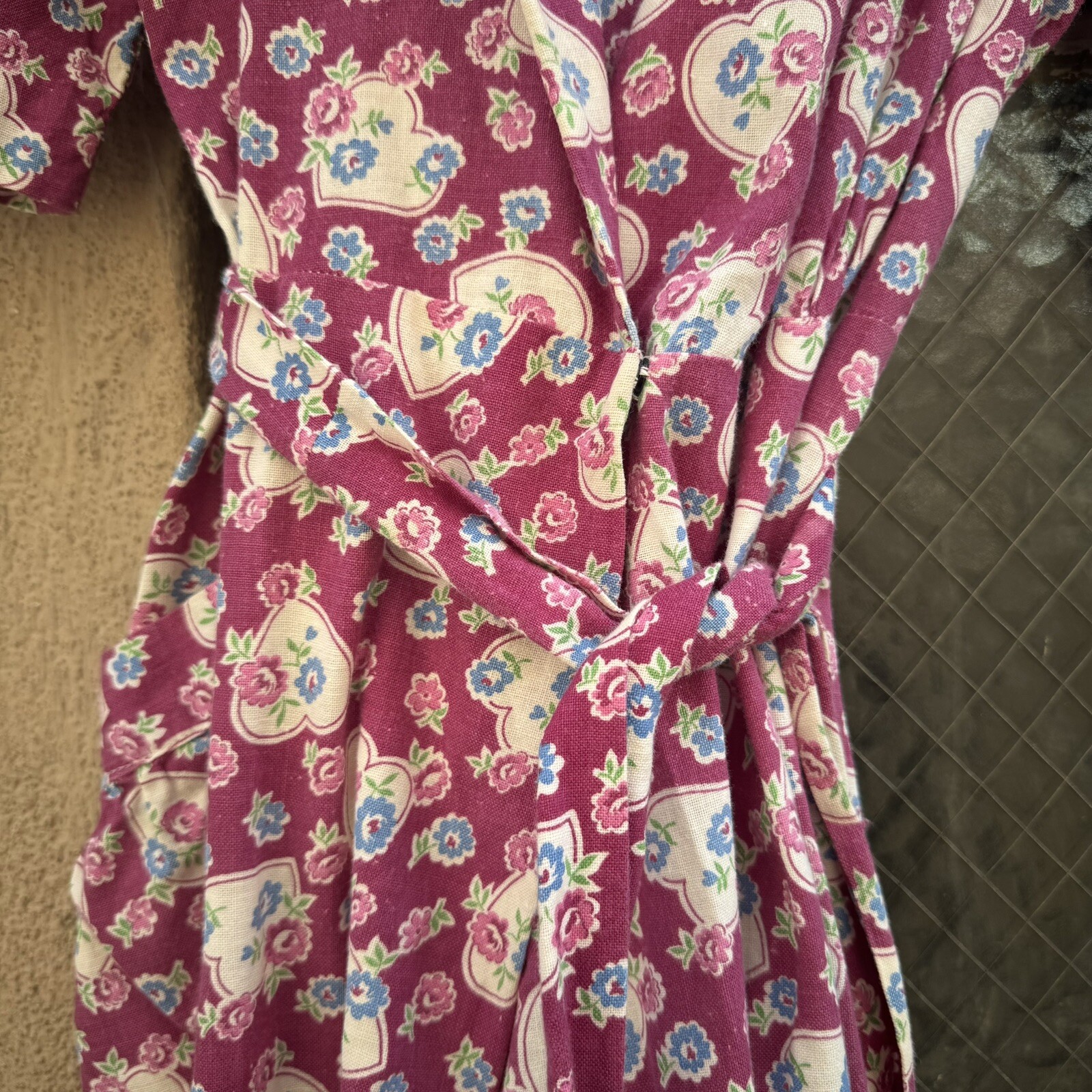 Vintage 1940s Purple, White & Blue Dressing Gown, Robe, Wrap Dress, Heart Print