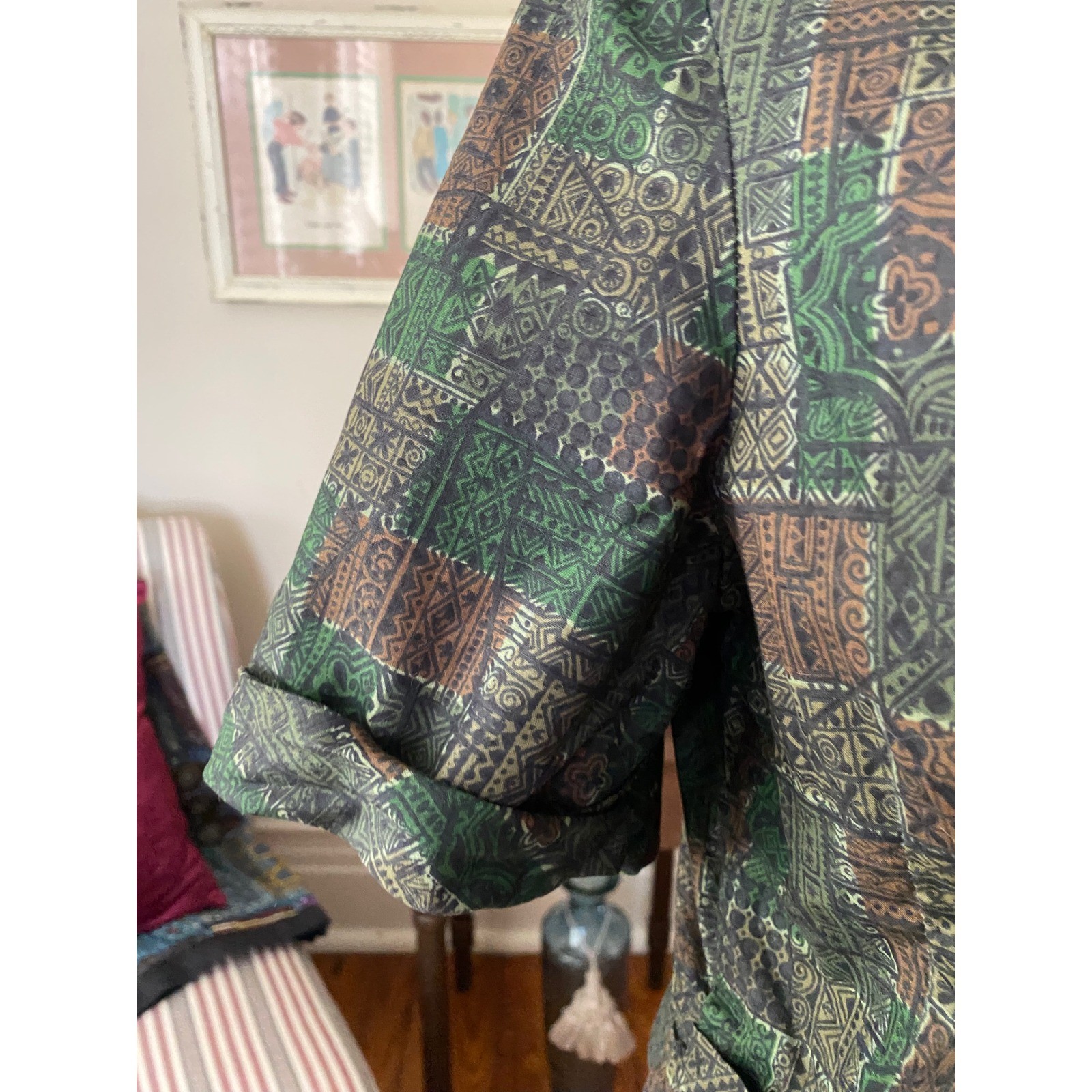 Vintage 60s Tiki Print Cropped Jacket Green Brown Geometric Gold Buttons XL