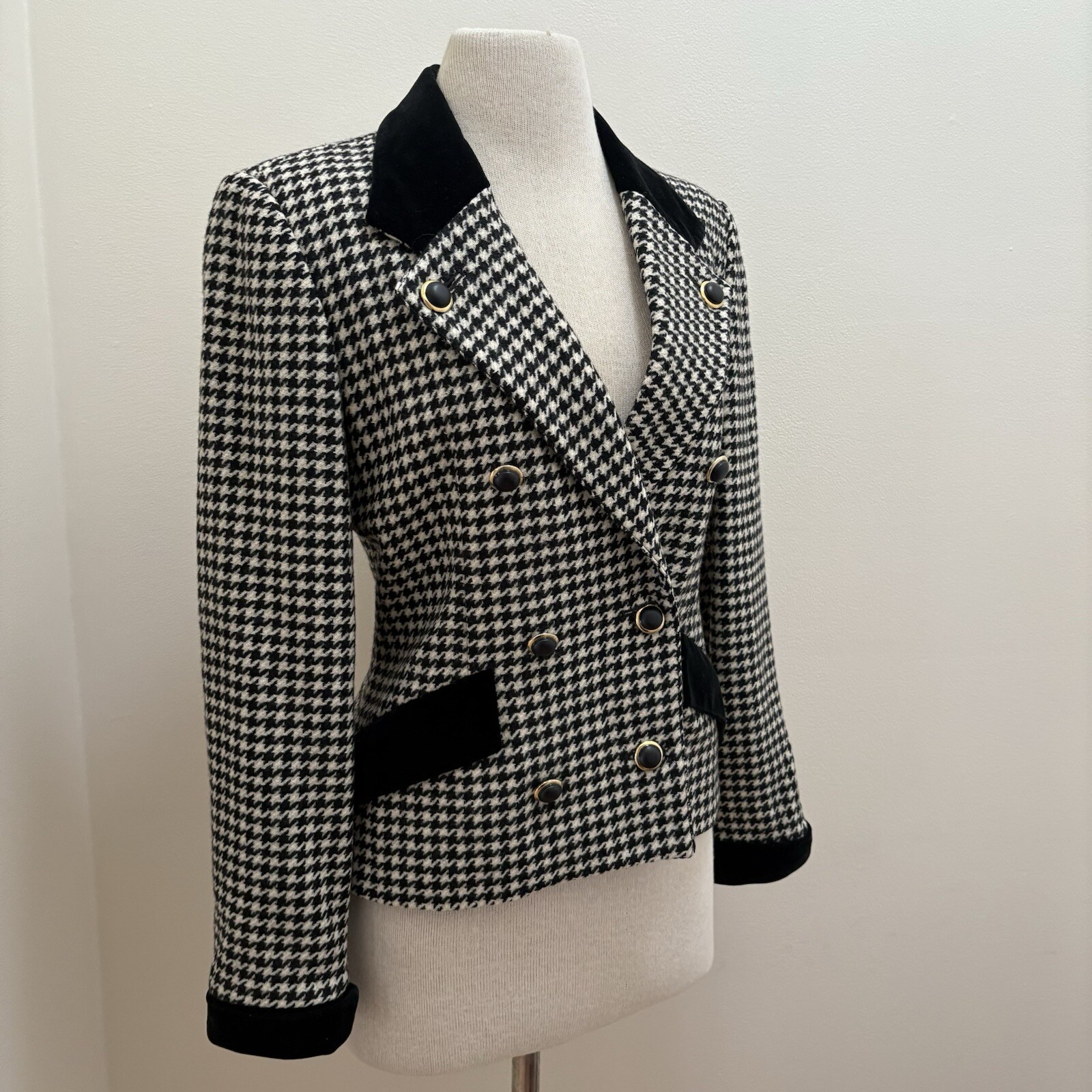 Vintage 80s Black/White Wool Houndstooth Double Breasted Blazer Sz S/M Old Money