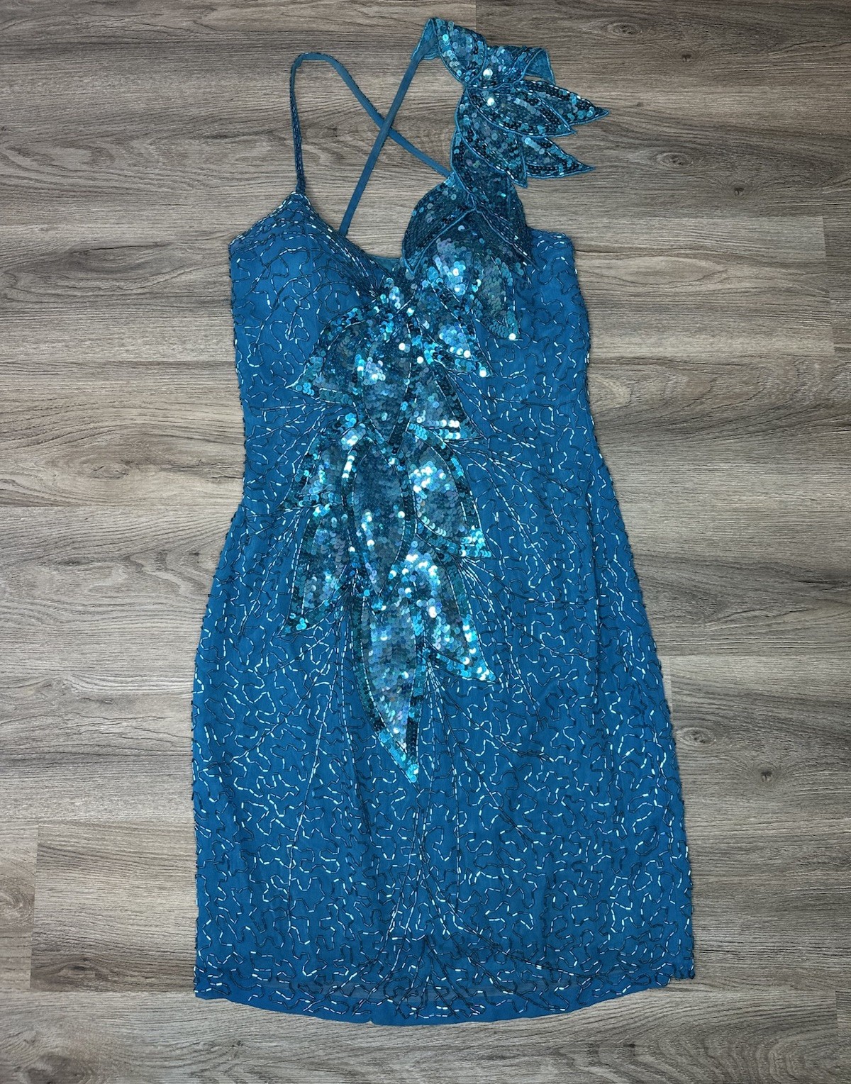 Vtg Niteline Dress 100% Silk Sz S Royal Blue Beaded Sequin Cocktail Party Formal