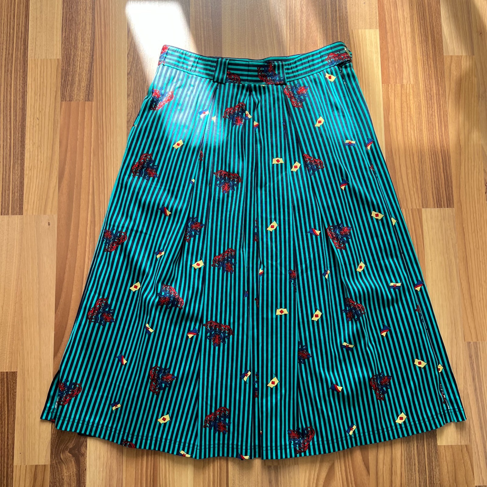 1980s BLEYLE Cotton Pleated High Waist Midi Skirt Preppy Summer Striped Aline 38