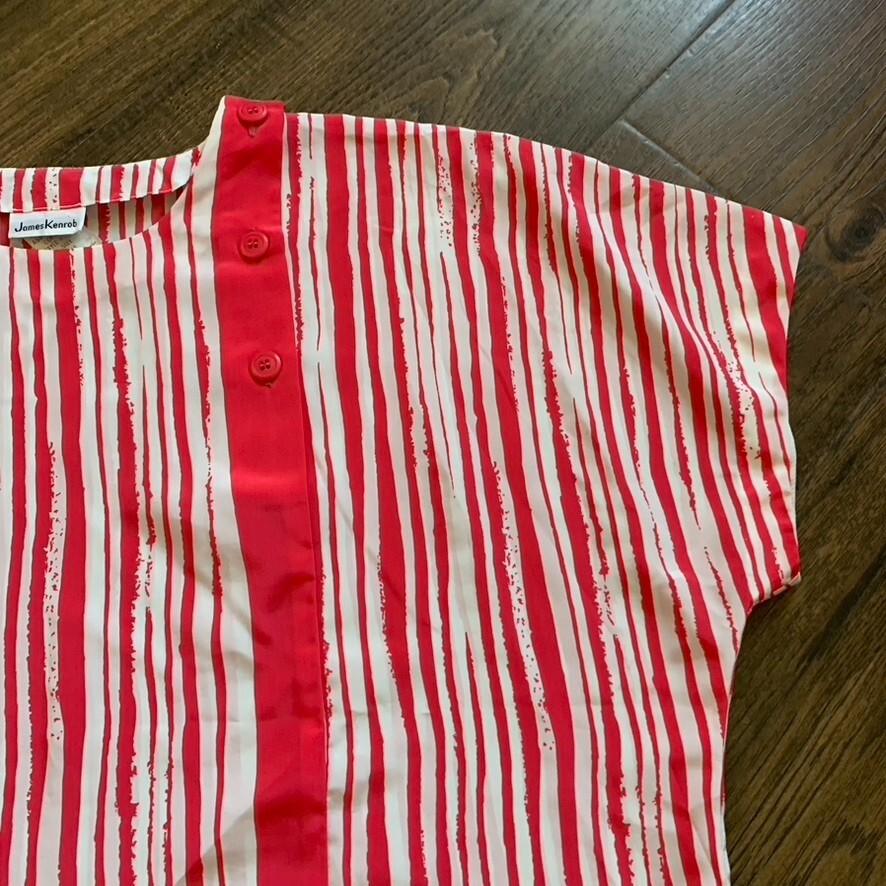 2 VTG 1960s 70s James Kenrob Red Pink White Blouse & Blue Purple Striped Blouse