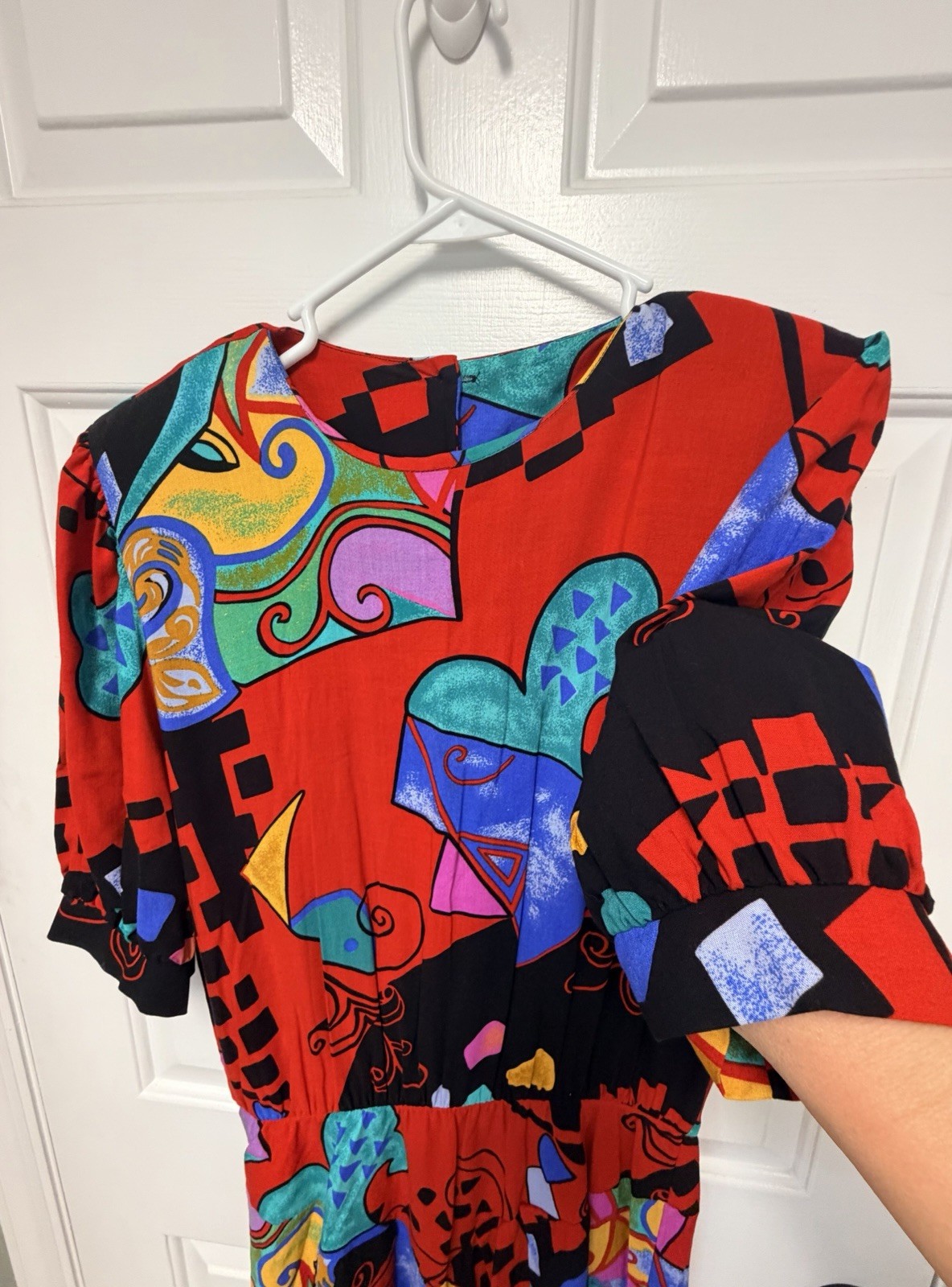 Vintage EJM ltd. Brand 1980s Geometric Abstract Multicolor Rayon Dress Size 16