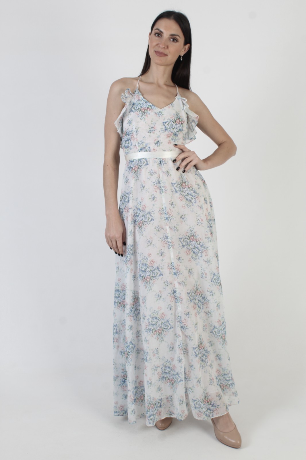 Vtg Off White Prairie Sundress Open Back Spaghetti Strap Cottage Boho Maxi Dress