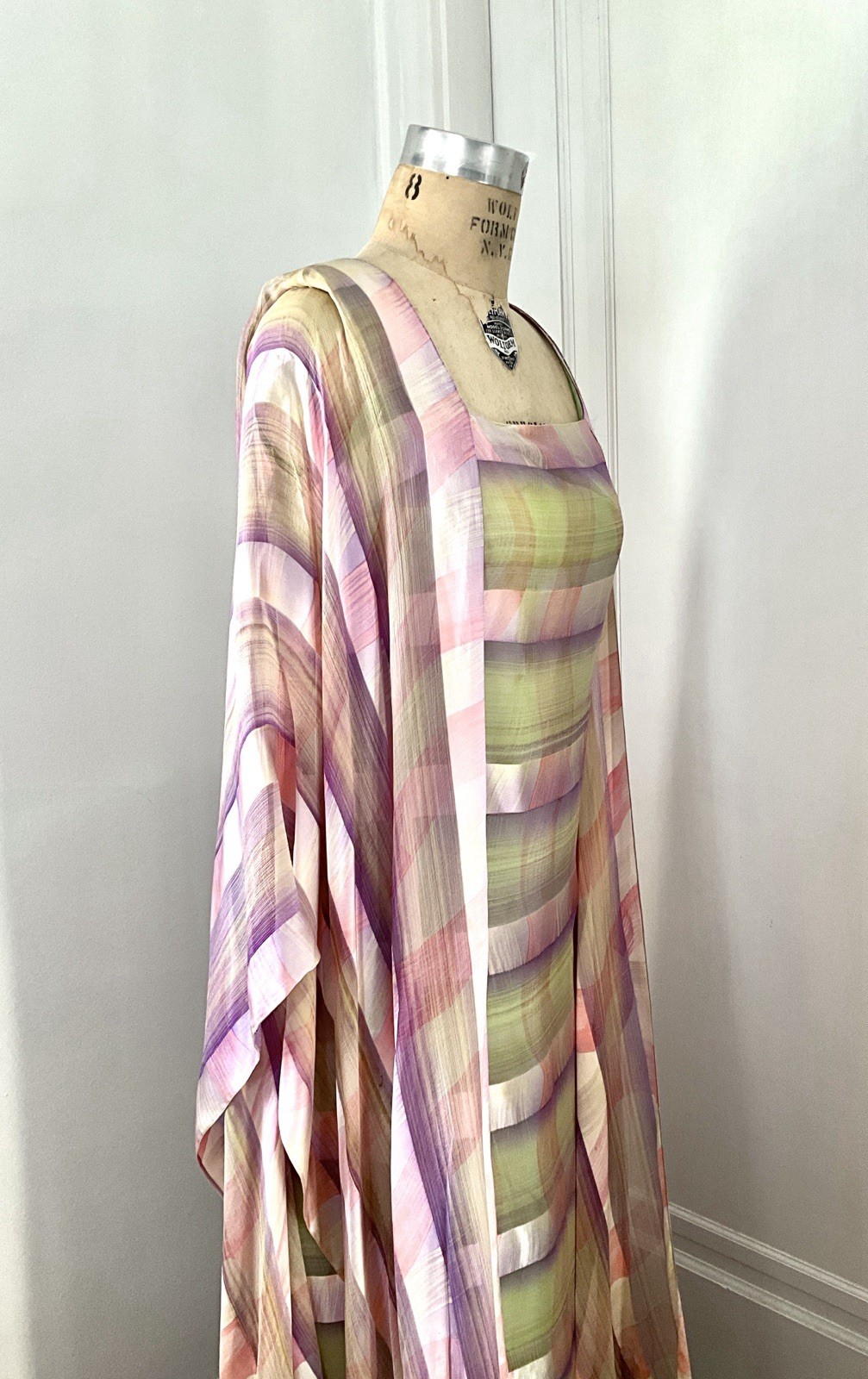 Vintage 1976 Jean Hercey Pink and Celadon Silk Combed Chiffon Dress