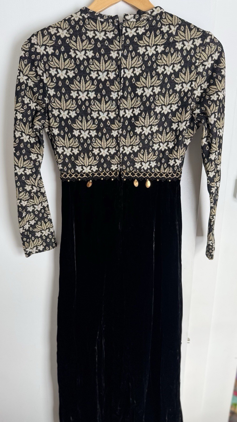 Vintage 60s Gold & Black Baroque Quilt Top & Velvet Skirt Maxi Dress XS 1960s