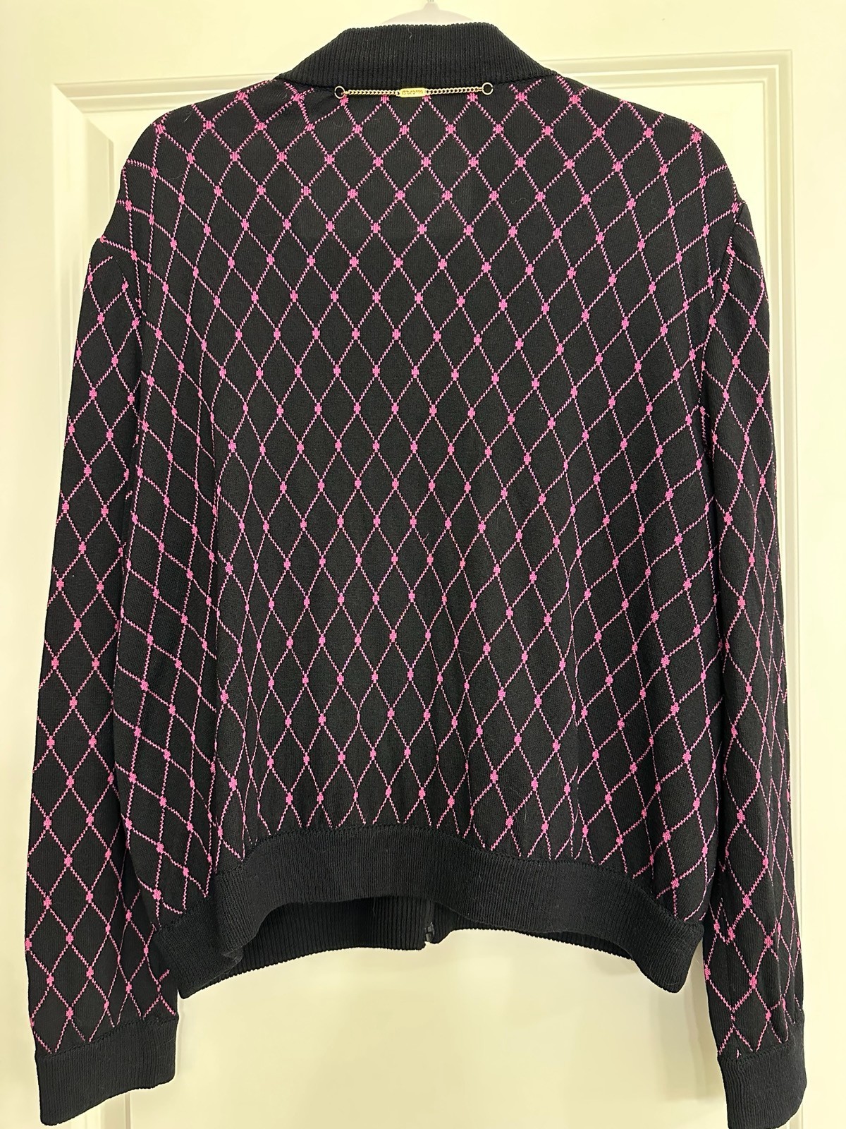 St. John Sport by Marie Gray Sweater L Black Pink Argyle Zip Front Gold Logo USA
