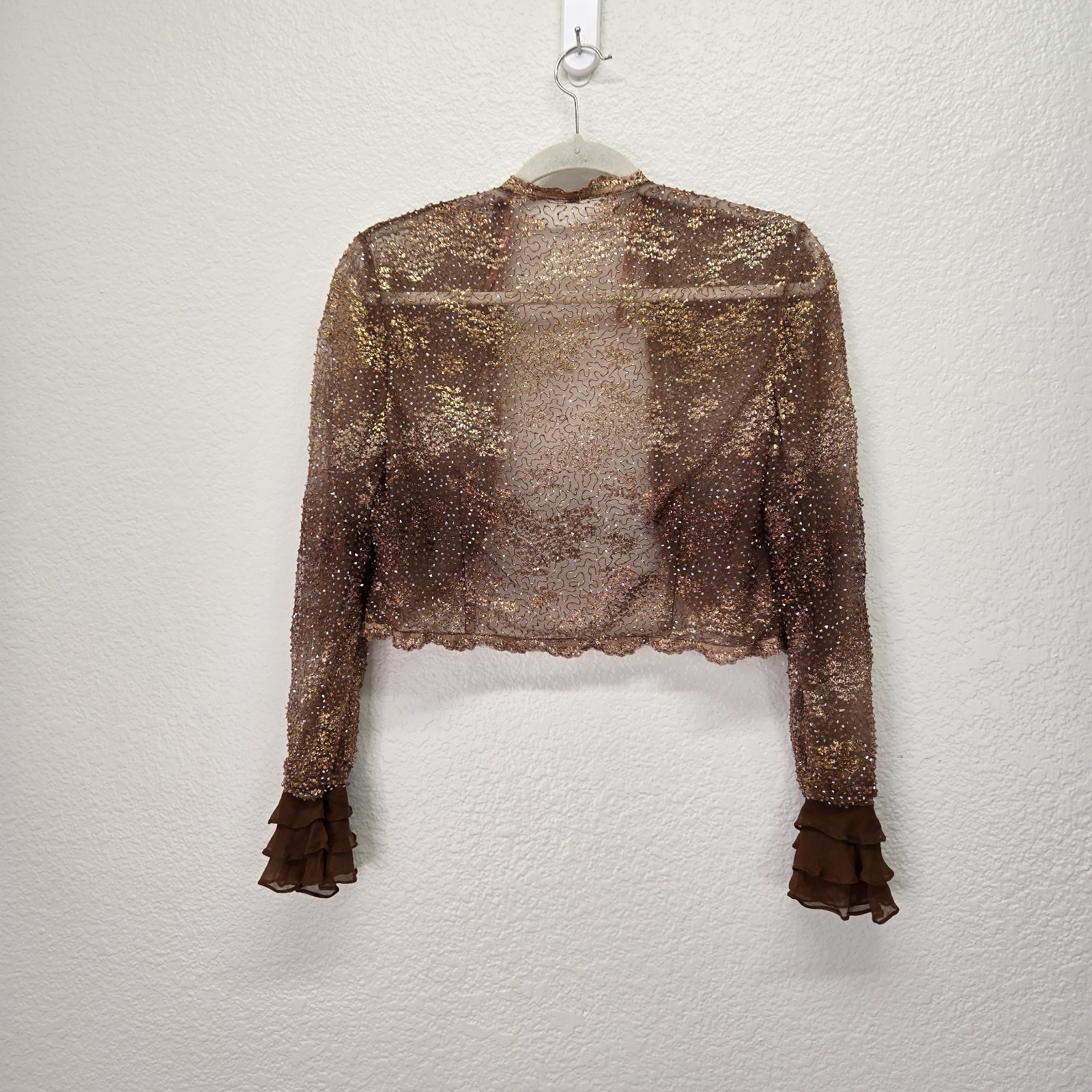 Vtg Beaded Sequin Crop Cardigan Sheer Bolero Shrug Ruffle Evening Jacket 10