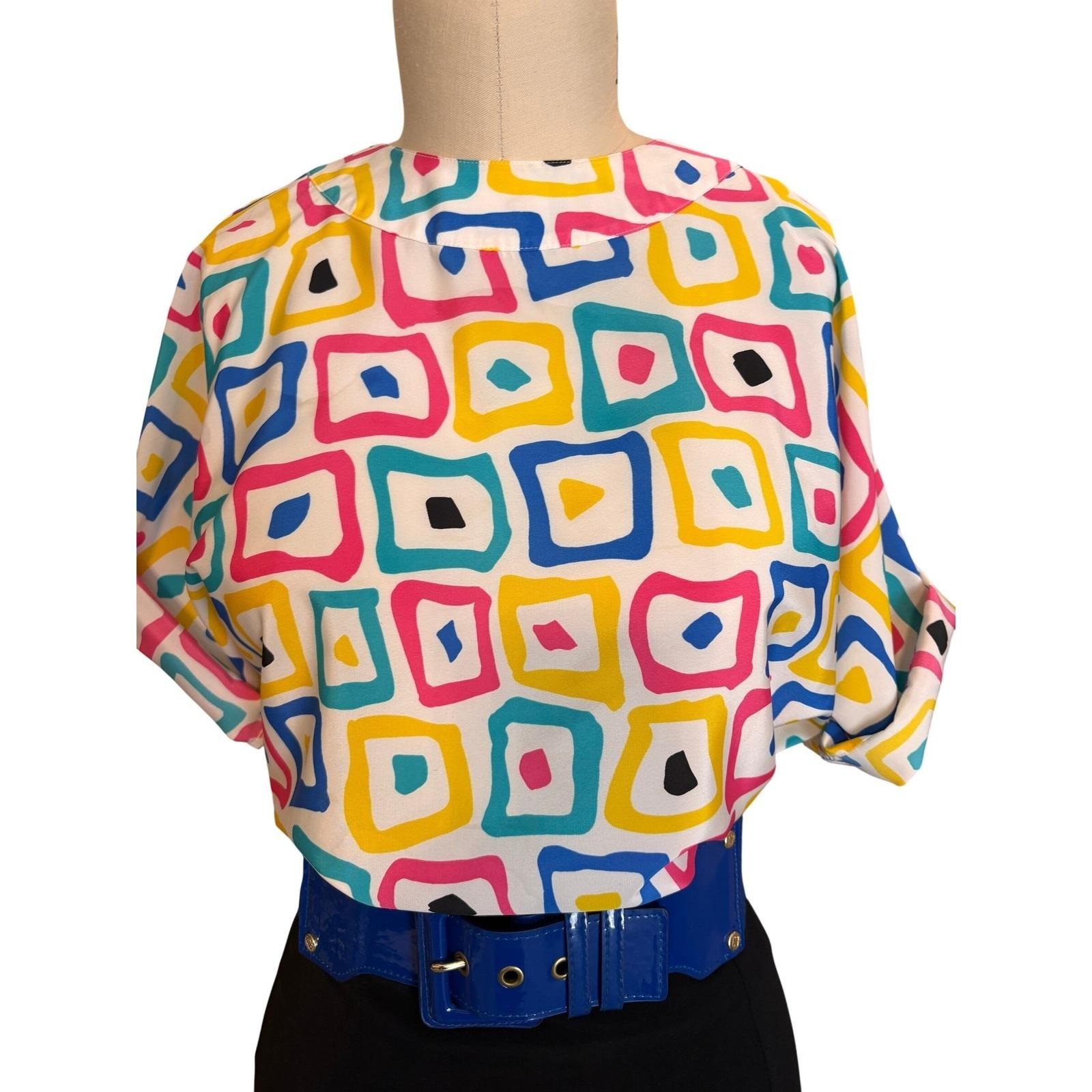 Geometric Square Print Blouse Women M Multi-Color 80s Retro Top Vintage