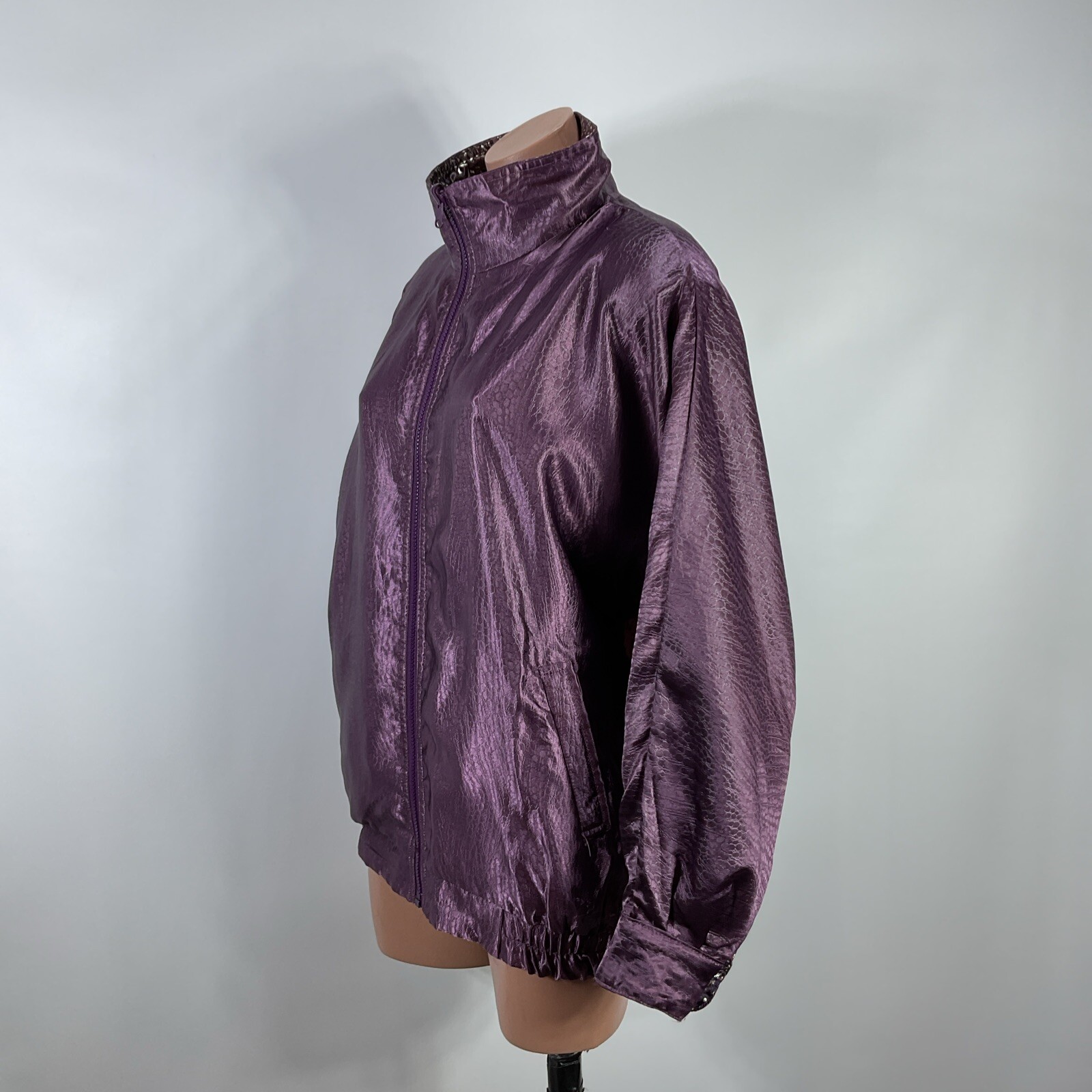 Vintage Rafael Satin Bomber Jacket Y2K Reversible Metallic Purple Animal Print S